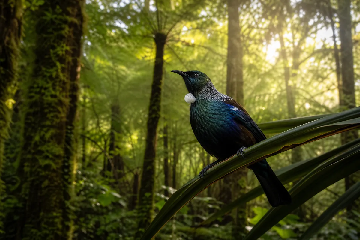 A native tui bird perched among ferns in the ancient forest of Sanctuary Mountain Maungatautari