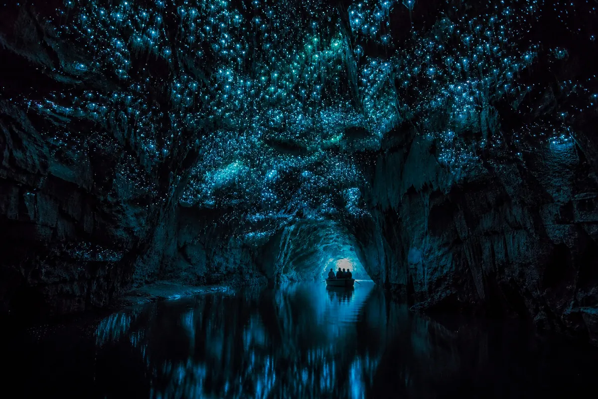 Glowworms lighting the ceiling of the Waitomo limestone caves above a dark underground river