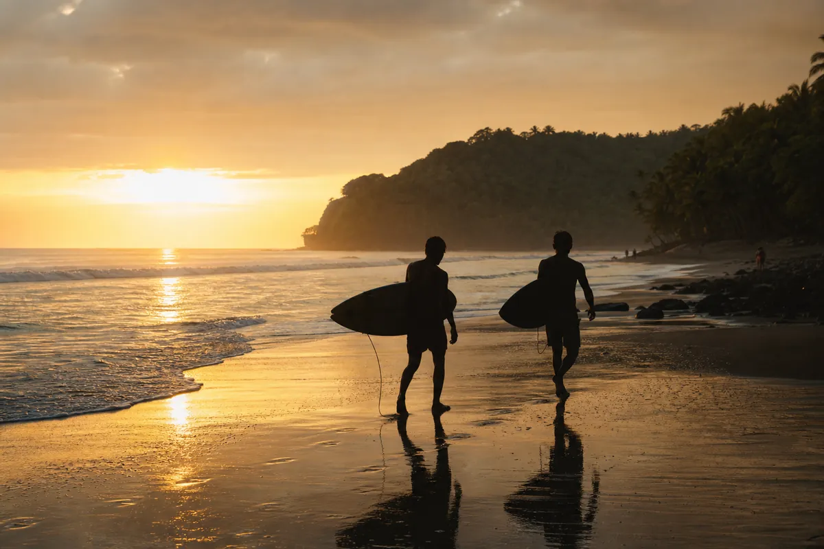 Surfers in silhouette carrying boards along a black-sand beach at golden sunset